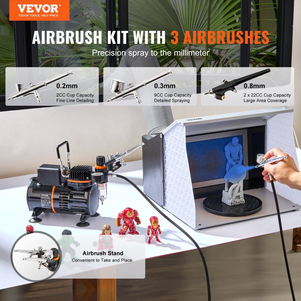 Airbrush-set, luchtcompressor met dubbele ventilator, professionele airbrush-systeemset met 3 airbrushes, houder, verfmengwiel, reinigingsborstelset, airbrush-set voor kunst, nagels, koekjes, make-up, K