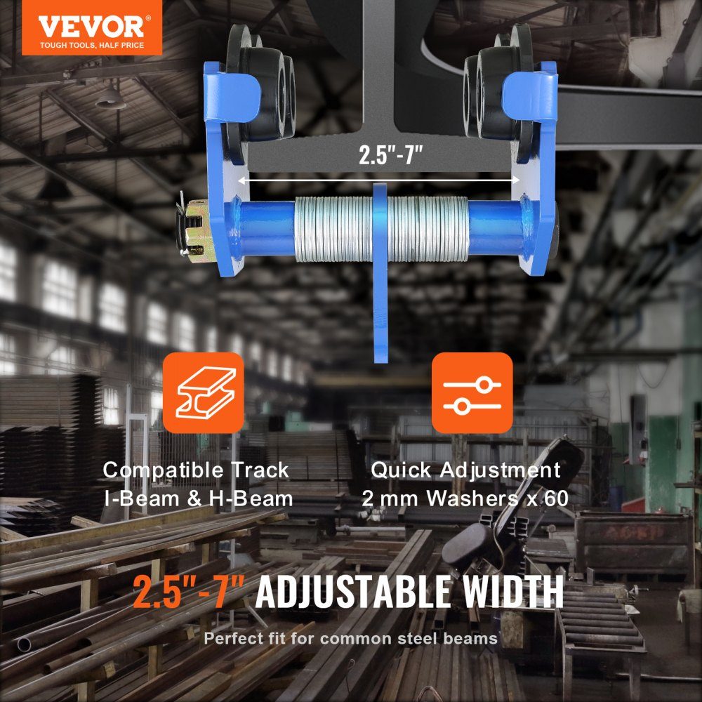 Trolley, 1000 kg load capacity, trolley with double wheels, adjustable for I-beam flange width 63.5 to 177.8 mm. Heavy duty alloy steel garage hoist for straight curved I-beams