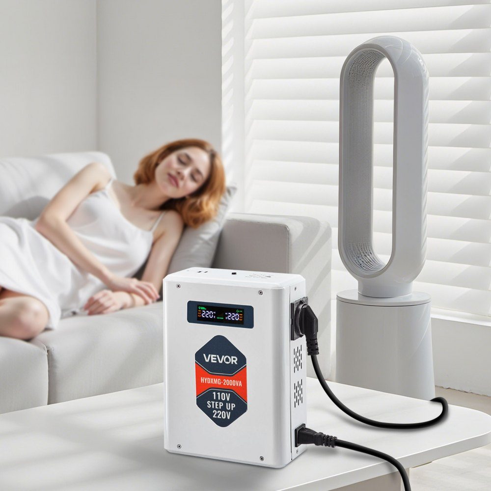 Convertisseur élévateur de tension 2000 VA Convertisseur élévateur robuste 110 V à 220 V Transformateur de puissance avec 2 prises UE Sortie USB Écran LCD Protection de la température pour appareils 220 V – Réf. HT-23590