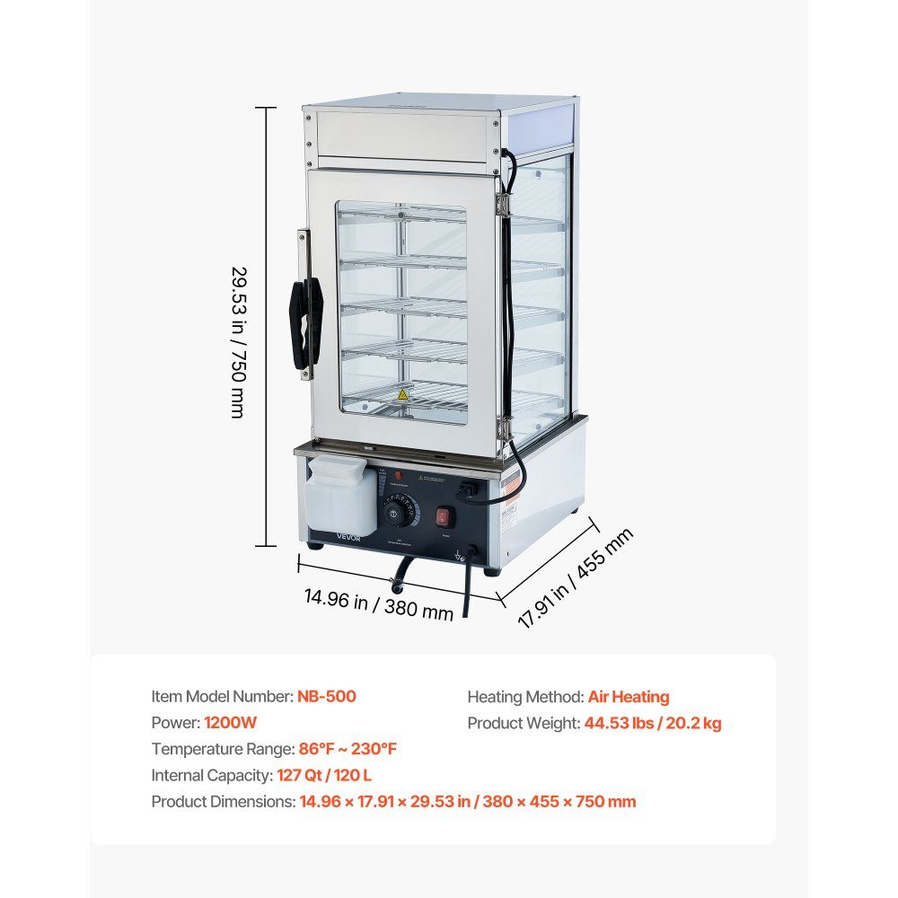 5-stopniowy komercyjny podgrzewacz do żywności 120 l od 30 do 110 ℃, garnek do gotowania na parze o mocy 1200 W, oświetlenie LED i regulowane półki oraz rama ze stali nierdzewnej, witryna grzewcza na chleb hamburgerowy Mantou – Nr kat. HT-24156