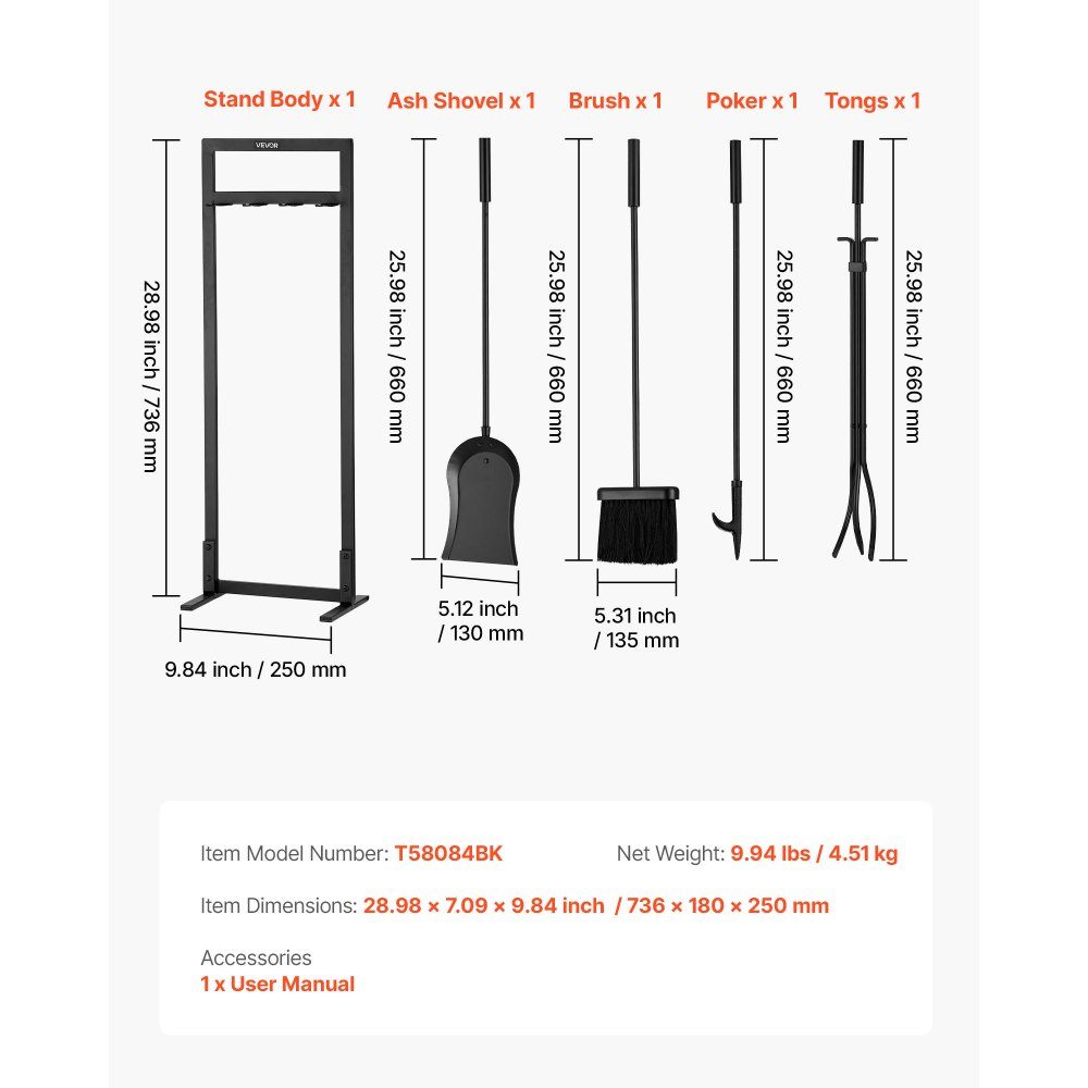 Kaminbesteck-Set, 5-teilig, inklusive Rahmenständer, Zange, Ascheschaufel, Besen, Schürhaken, Schmiedeeisen und Stahl, Kaminzubehör für den Innen- und Außenbereich, Schwarz