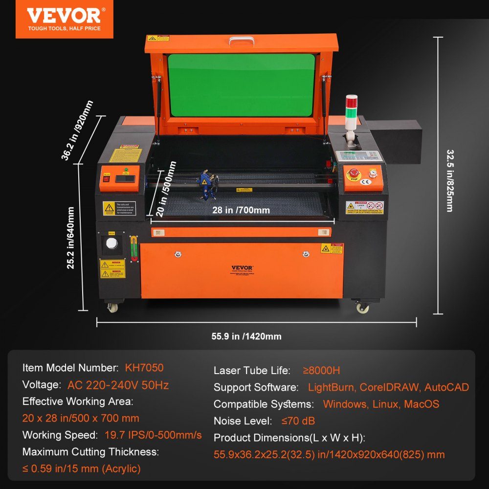 Graveur laser CO2 80 W 500 x 700 mm 500 mm/s Machine de découpe laser avec assistance pneumatique bidirectionnelle Compatible avec LightBurn, CorelDRAW, AutoCAD, Windows, Mac OS, Linux, pour bois, acrylique, tissu