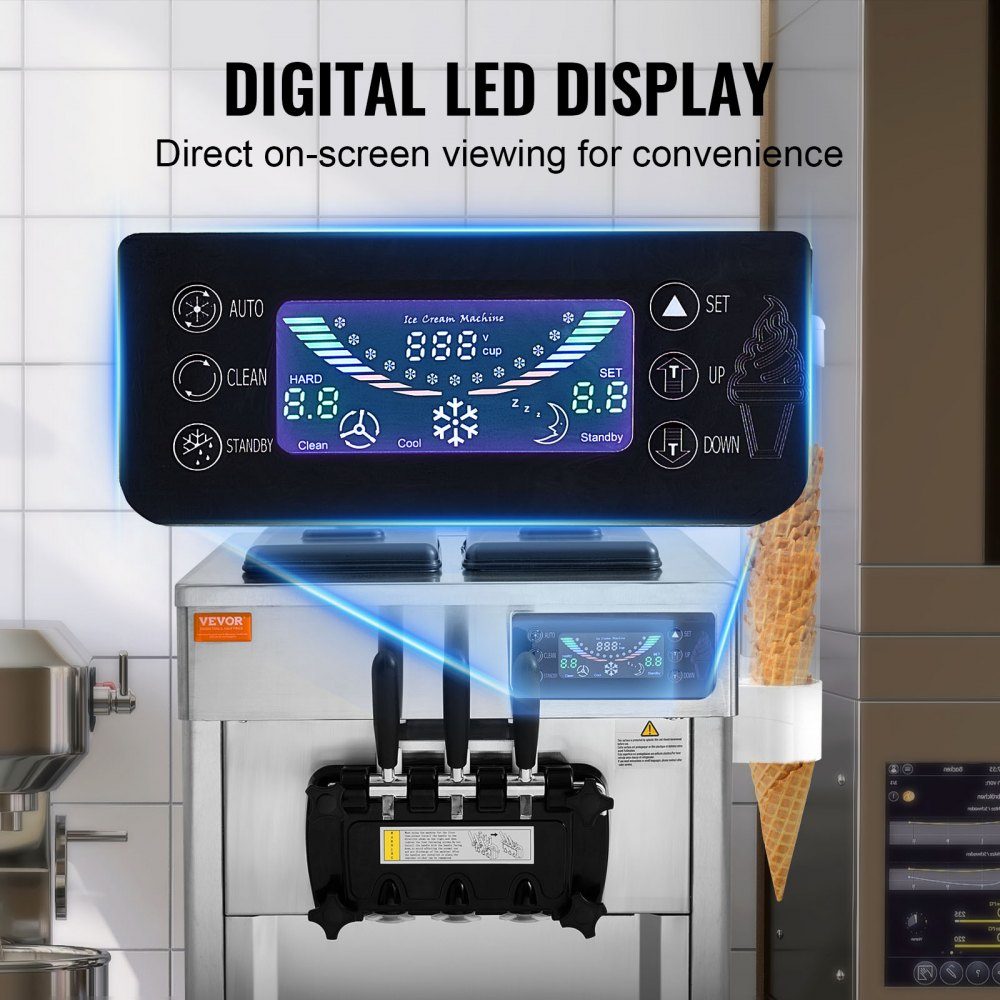 Komercyjna maszyna do lodów 18–28 l/h 3 smaki Maszyna do lodów włoskich Zbiornik na 2 x 5,5 l Panel LCD Automatyczne czyszczenie wstępne chłodzenia Jogurt Kawa Bar z przekąskami Restauracja
