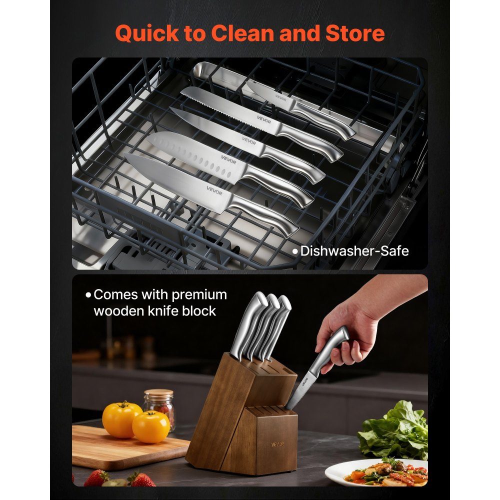 Kitchen knife set with knife block (wood) & sharpening steel, 15 pieces. Knife set of sharp knives made of high carbon stainless steel, kitchen cutlery with ergonomic handle, for home cooks