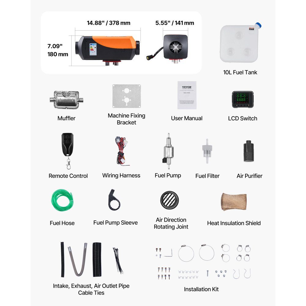 Diesel luchtverwarmer bijverwarming 12-24V 5-8KW, snel verwarmende luchtverwarmer met afstandsbediening & digitaal kleurendisplay & 10L brandstoftank, laag geluidsniveau, voor camper, vrachtwagen, boottrailer