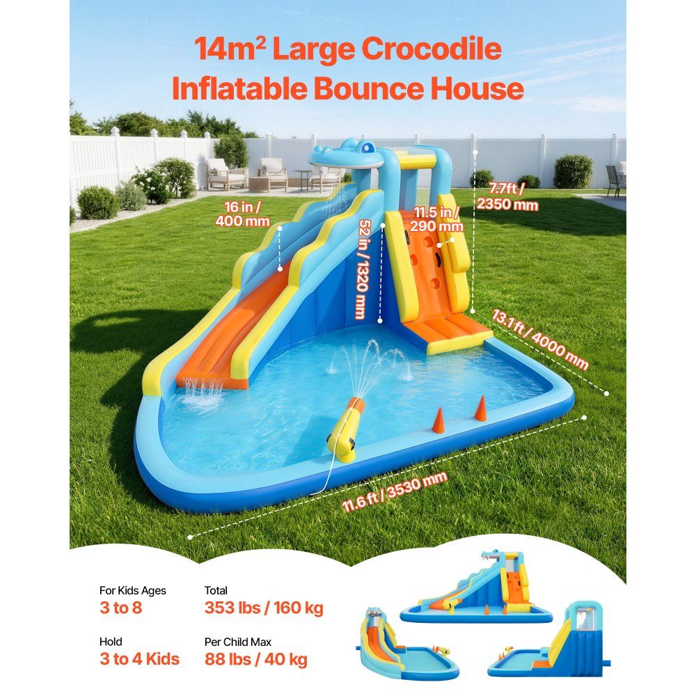 Aufblasbare Wasserhüpfburg Outdoor (353 x 400 x 235 cm), Hüpfburg mit Wasserrutsche (Krokodil-Optik) & Kletterwand & Planschbecken & Wasserring-Wurfspiel, für 3-4 Kinder (3 bis 8 Jahre alt)