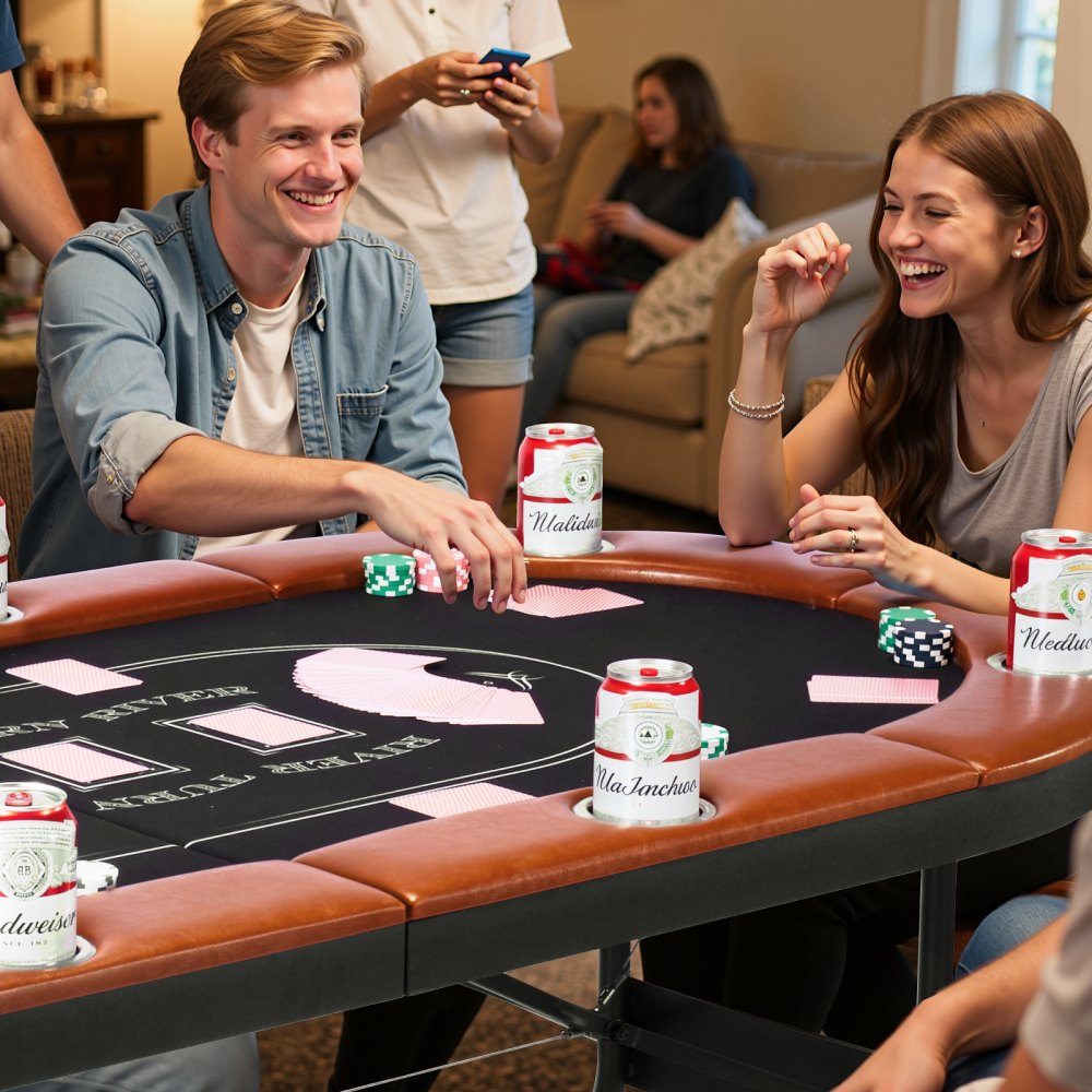 Klappbarer Pokertisch für 8 Spieler (72 Zoll), Casino-Freizeittisch mit gepolsterten Schienen und Getränkehaltern, ovale tragbare Spieltische mit Filz- und Metallbeinen, Texas Hold'em Poker