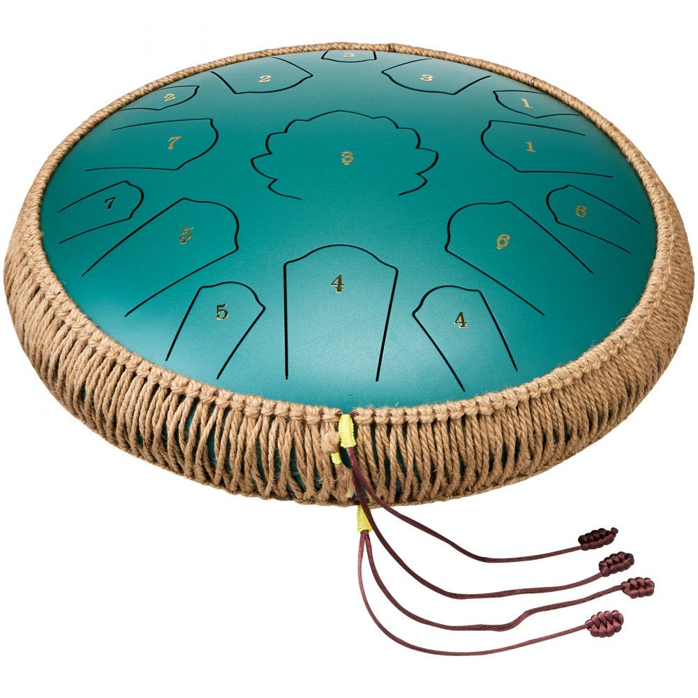 Zungentrommel 356 mm, Stahlzungentrommel 15 Noten, Regentrommel, C-Dur-Tonart, Regenglockenspiel mit 2 Schlägeln und Tragetasche, Handpan-Trommel, Schlaginstrument für Musikunterricht und Yoga, Grün