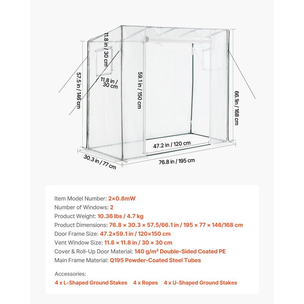 Greenhouse 195x77x146/168 cm, film greenhouse, tomato house with powder-coated steel frame, PE cover, roll-up zipper door & 2 windows, greenhouse for outdoor use
