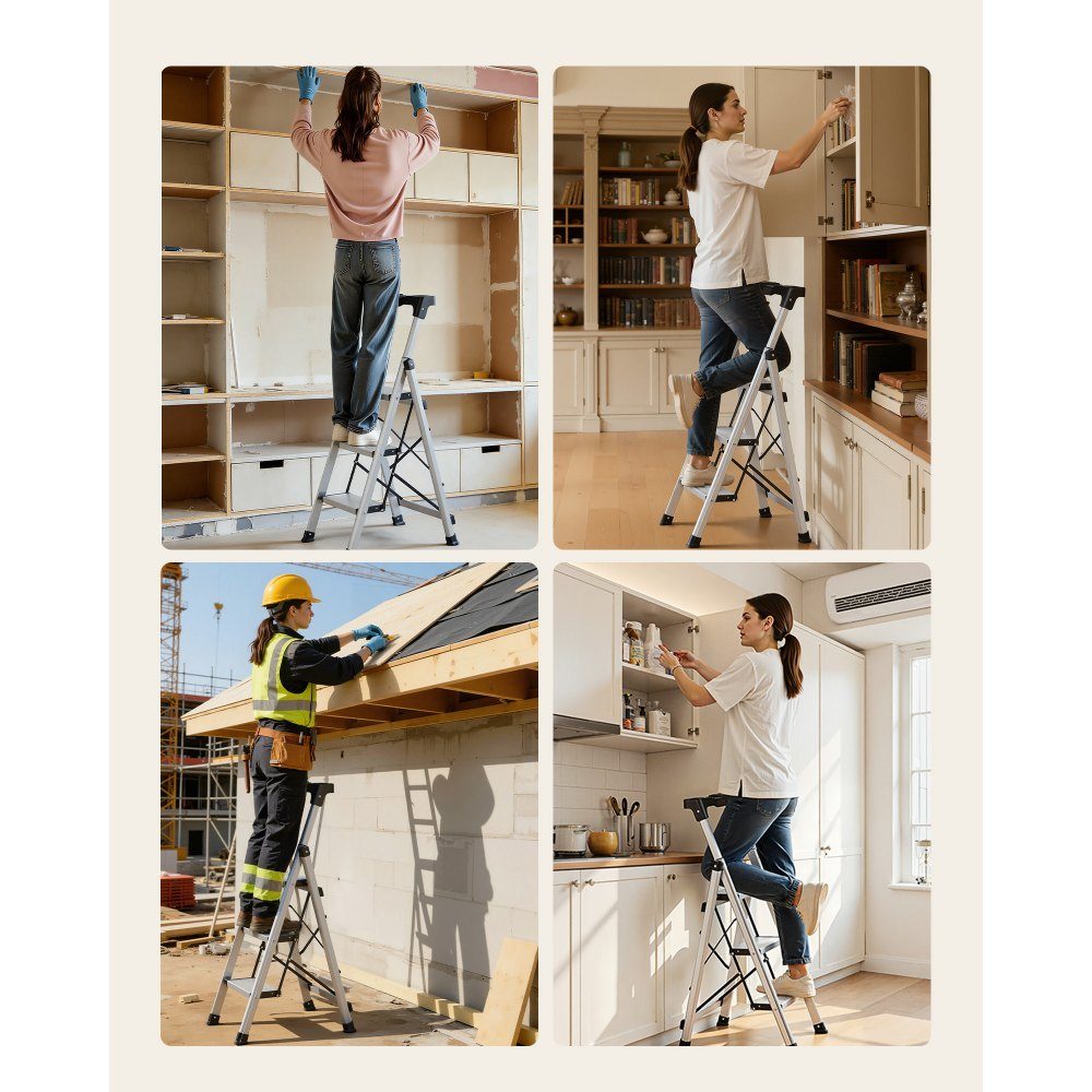 Trittleiter 3 Stufen, Klappleiter mit Anti-Rutsch-Stufen & komfortablem Griff, Haushaltsleiter Tragkraft 150 kg, Trittleiter aus Aluminium, Sicherheitsleiter für Küche, Lager, Haus & Büro