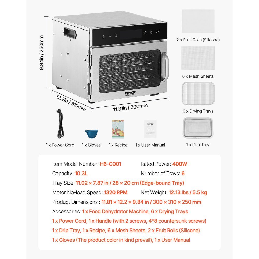 Dehydrator Dehydrator 6 roestvrijstalen kommen, 400 W elektrische voedseldroger met instelbare temperatuur, vriesdroger voor gedroogd vlees, vlees, fruit, groenten, kruiden, hondenkoekjes