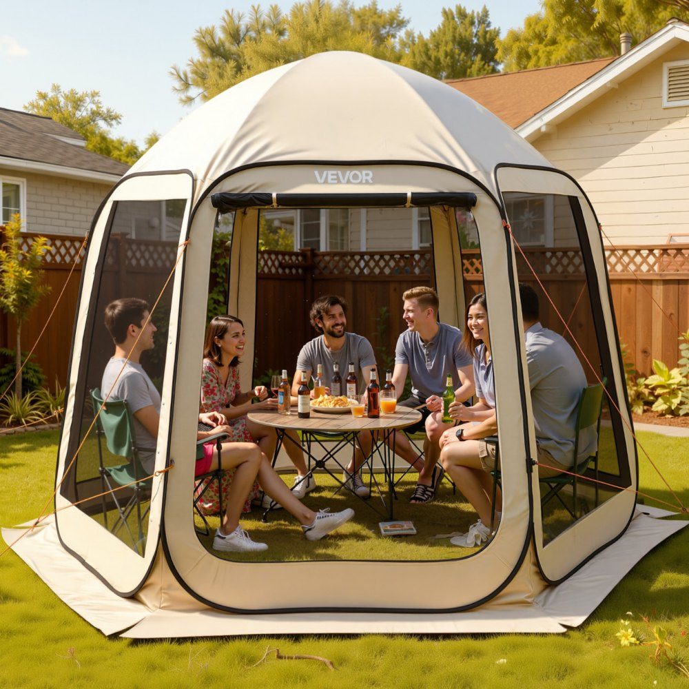 Pop-up tent 3304,8 x 280,4 cm, kampeertent voor 4-8 personen, partytent inclusief draagtas, zijwanden van gaas en haringen, voor tuin, terras en buitenactiviteiten, beige