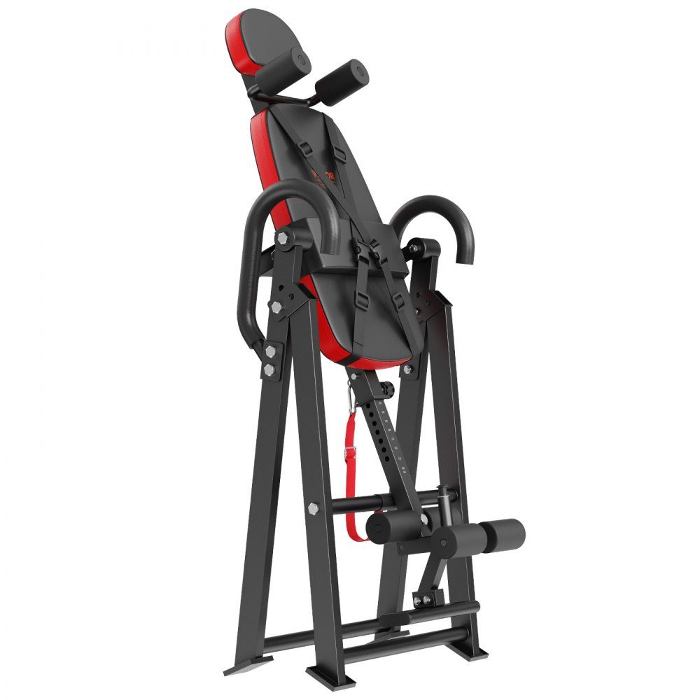 Inversion table, inversion bench, 136 kg load capacity, multifunctional back trainer, folding strength training device with headrest, ankle lock, adjustable protective belt, red + black