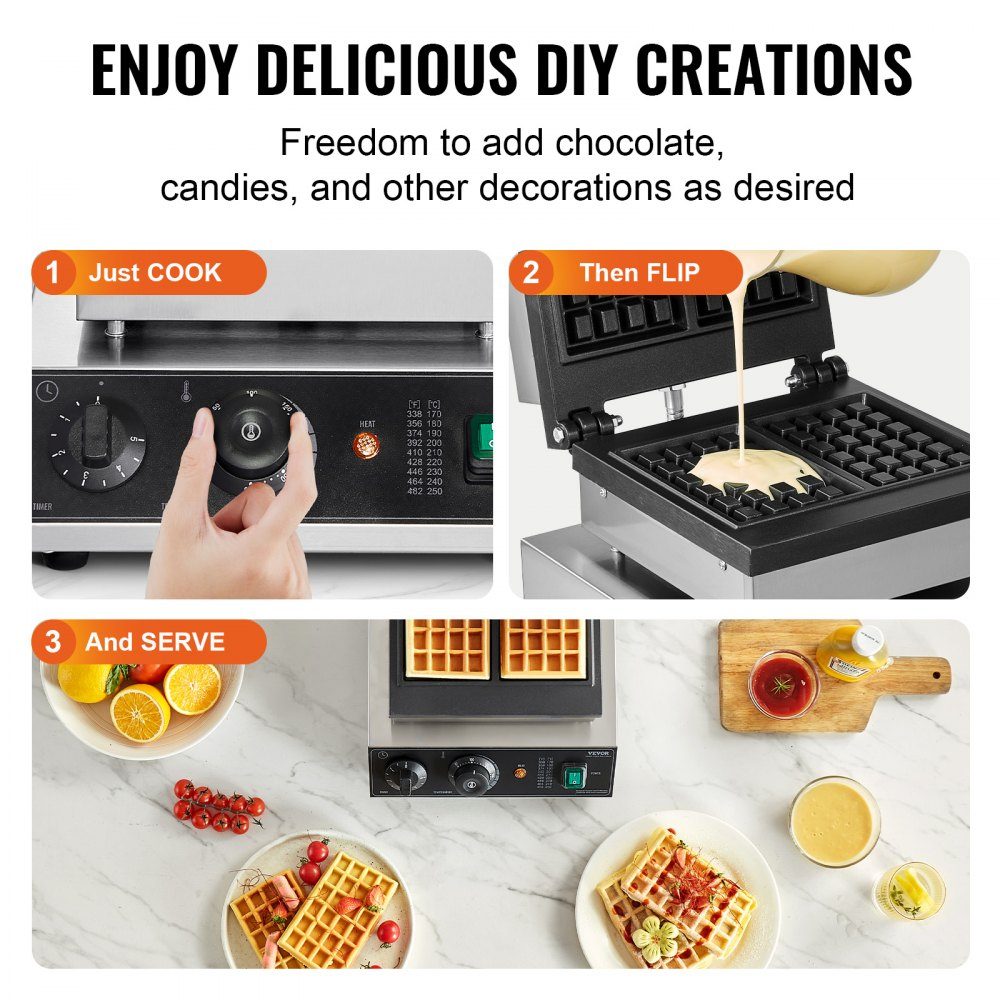 Commercial Waffle Maker Waffle Maker 2000W Non-Stick Belgian Waffle Maker Stainless Steel with Temperature and Time Control for Restaurant Bakery Snack Bar 2 Pack Waffles