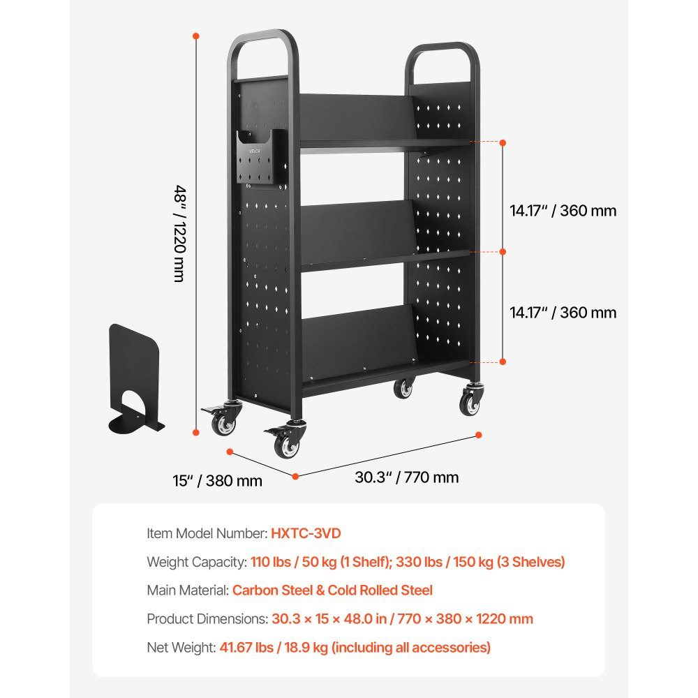 Book Trolley 150kg Load Capacity Library Trolley 77 x 38 x 122cm Single Sided V Shaped Bookshelf with Double Brake Wheels Bookshelf Trolley for Living Room Office School Black