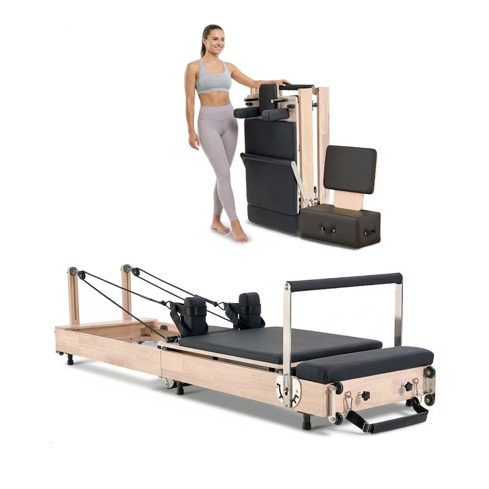 Zusammenklappbares Pilates-Reformer-Trainingsgerät aus Gummibaumholz für das Fitnessstudio zu Hause, Pilatesbett mit zwei Widerständen – Feder und Kordel, Ausrüstung mit Sitzbox, bis zu 400 Pfund