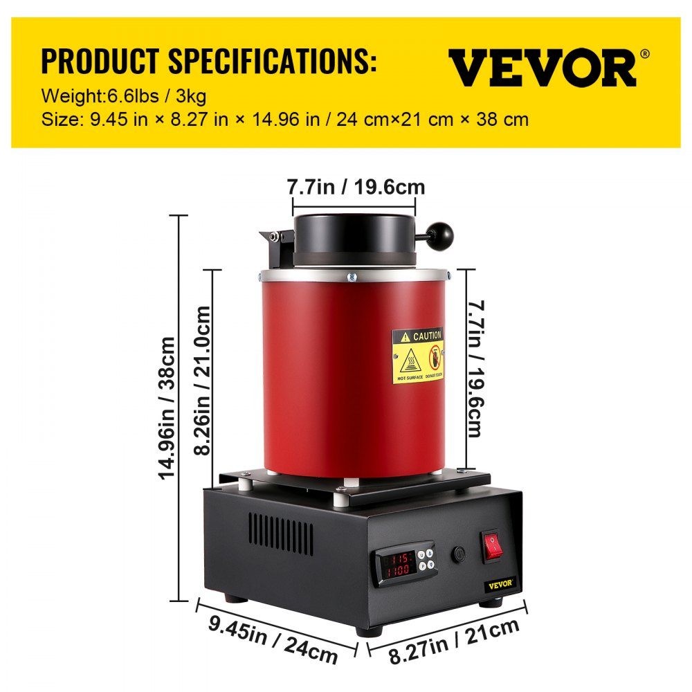 Goldschmelzofen 1350 W, 1150 ℃ max. Temperatur, digitaler elektrischer Schmelzofen, 3 kg Keramiktiegel mit Barrenmatrize und Handschuhen, für die Verarbeitung von Gold, Silber, Kupfer, Aluminium, Rot