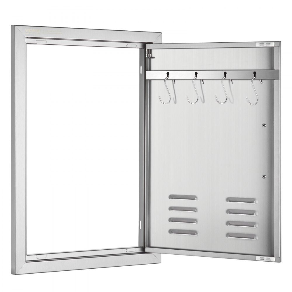 Grill Access Door 610x431mm Single Outdoor Kitchen Door Flush Mount Stainless Steel Door Vertical Wall Door with Handle, Vents and Hooks for Grill Island Grill Station