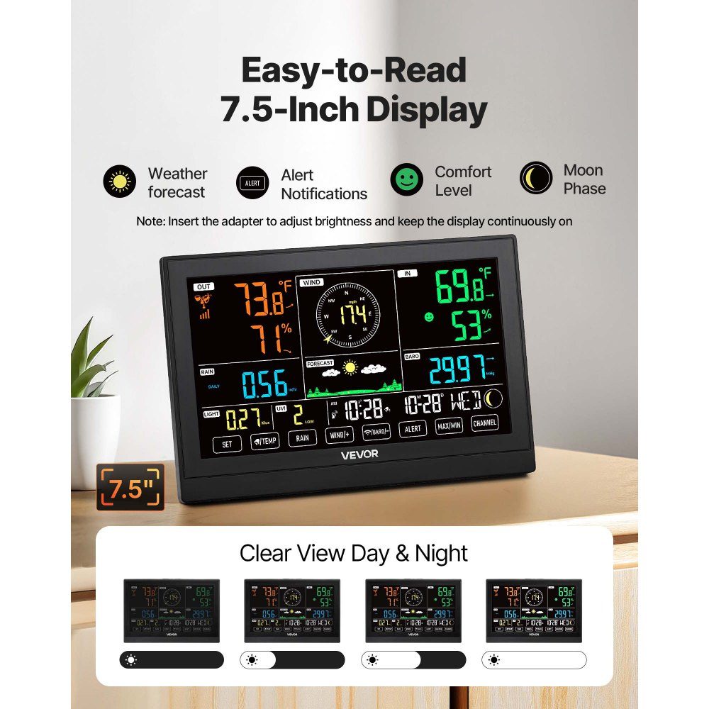 7 in 1 Wireless Weather Station, 7.5" Display, Solar Powered Outdoor Sensor, Rain Gauge, Weather Forecast, Temperature, Humidity Meter, Wind Speed ​​and Direction (No WiFi)
