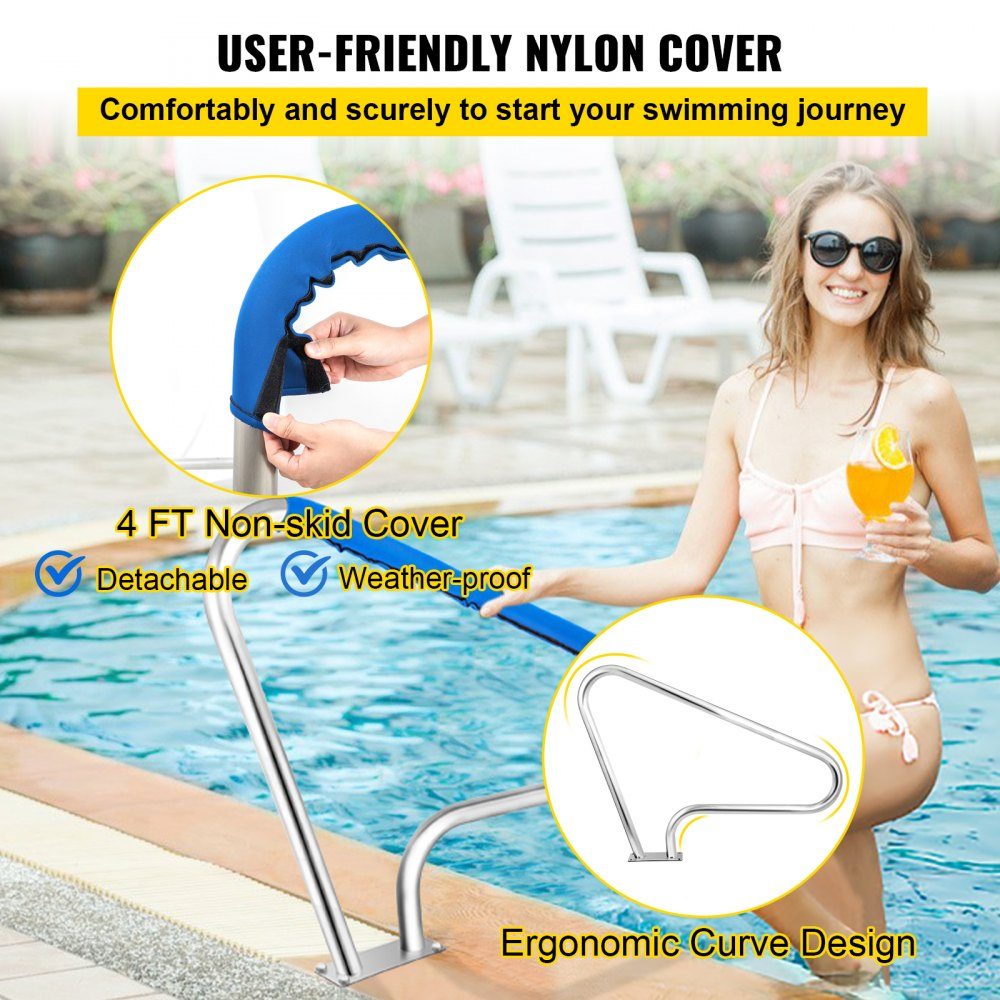 Schwimmbad-Handlauf 121,9 x 91,5 cm, Pool-Haltegriff 4,8 cm, Einstiegshilfe aus Edelstahl, Pool-Kurven-Design, Griffbogen mit Griffabdeckung und Zubehör, ideal für Schwimmbäder mit geneigter Position, Spa-Wasserpark