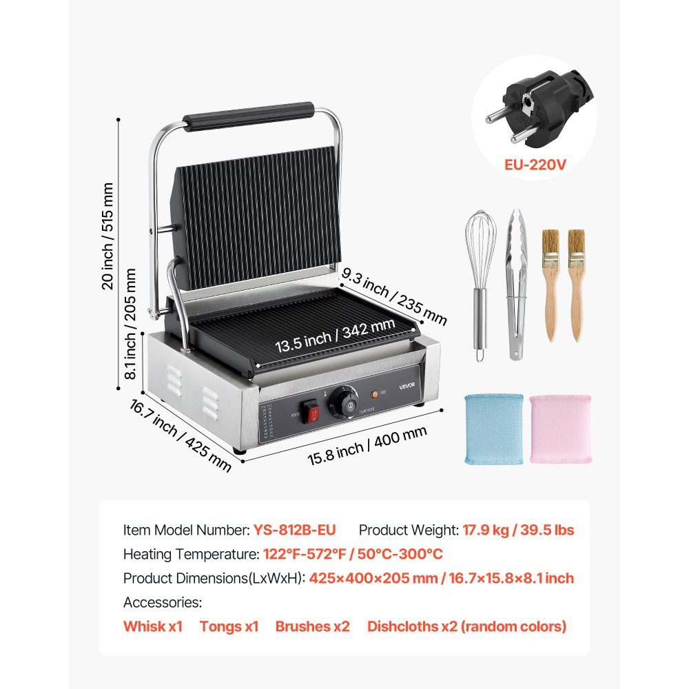 Commercial Panini Grill, Contact Grill 2200 W, for Sandwiches, Steak, Bacon, Hamburgers, Sandwich Maker, Stainless Steel Press Grill with Handle & Temperature Controller & 34 x 23 cm Heating Plate, Panini Press