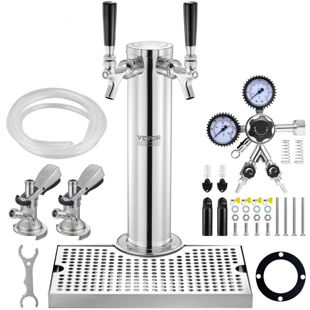 Kegerator Tower Kit, Dual Tap Beer Conversion Kit, roestvrijstalen biertorendispenser met dubbele meter W21.8-regelaar en A-systeem tapkoppeling, bierlekbak voor thuisfeesten