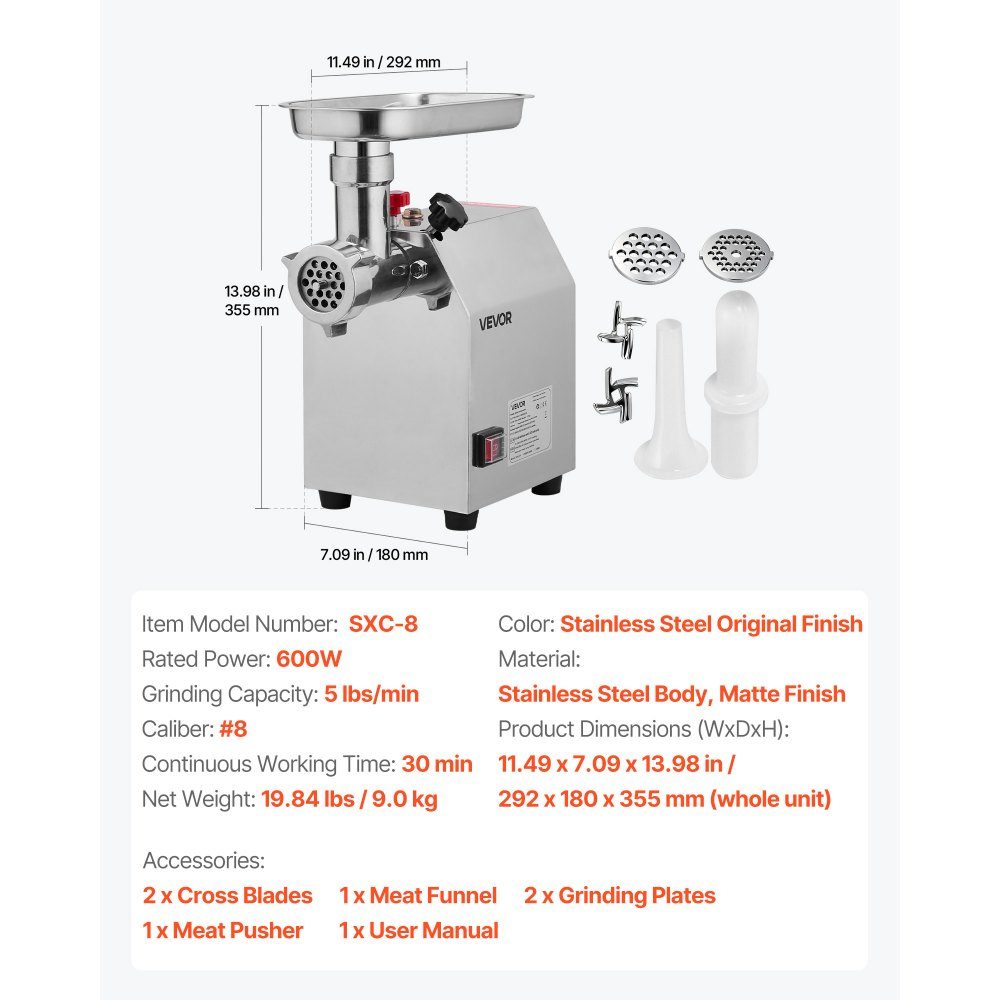 2.3kg/min Capacity Electric Meat Grinder, 600W Industrial Tabletop Meat Grinder with Blade and Grinding Plate, Sausage Machine, Stainless Steel Commercial Meat Grinder for Kitchen Restaurant