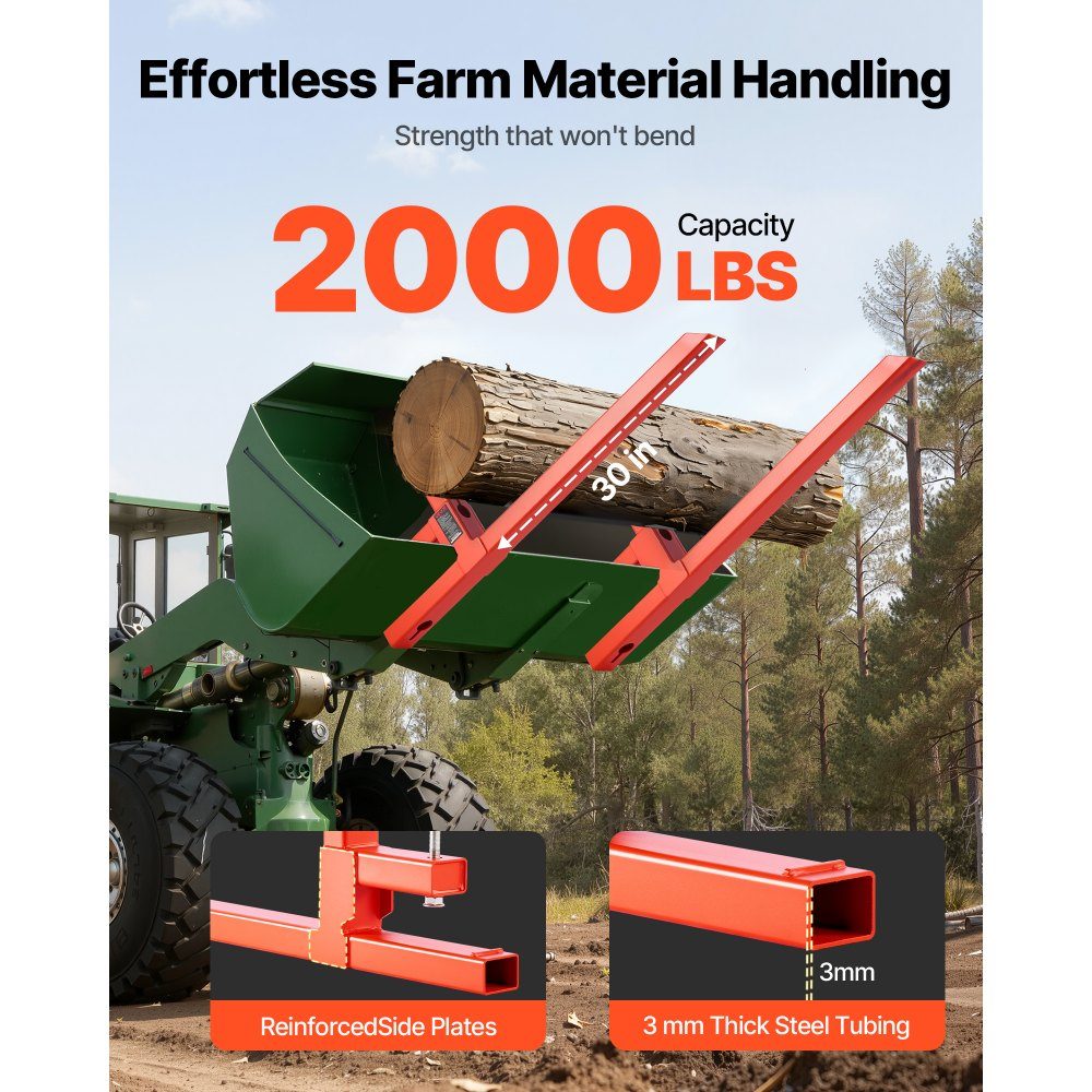 Pallet Forks, 907kg Clamp Fork Carrier, 1090mm Overall Length, Quick Attach Forks, Compatible with Tractor Attachments, Loader Bucket and Skid Steer Loader, Orange
