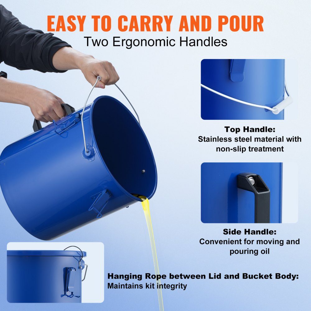Frying Oil Bucket Oil Disposal Container, 5L Carbon Steel Frying Oil Bucket with Rustproof Coating, Oil Transport Container with Lid, Filter Bag for Filtering Hot Cooking Oil, Blue