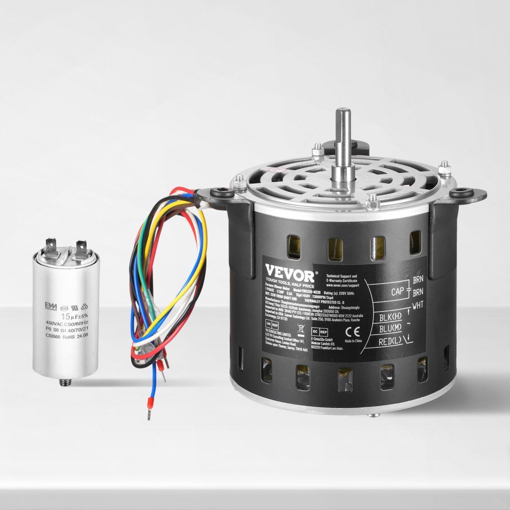 1/2 HP blower motor, 220V, 2.6A, 1300RPM, 3 speeds (1300/1100/800RPM), 10mm shaft diameter, 20mm shaft RED clockwise from shaft end, including CBB60 15μF/450V capacitor