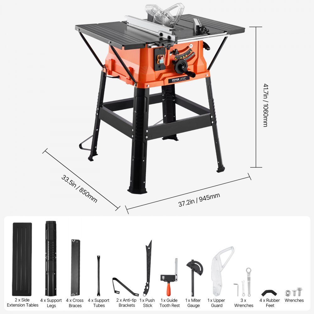 Scie à table avec support, 254 mm, 1800 W, scie circulaire de chantier, 200 mm max. performance de coupe, vitesse de coupe de 4800 tr/min, lame de scie avec 24-Zahn-, scie à onglet pour la construction de bois et de meubles