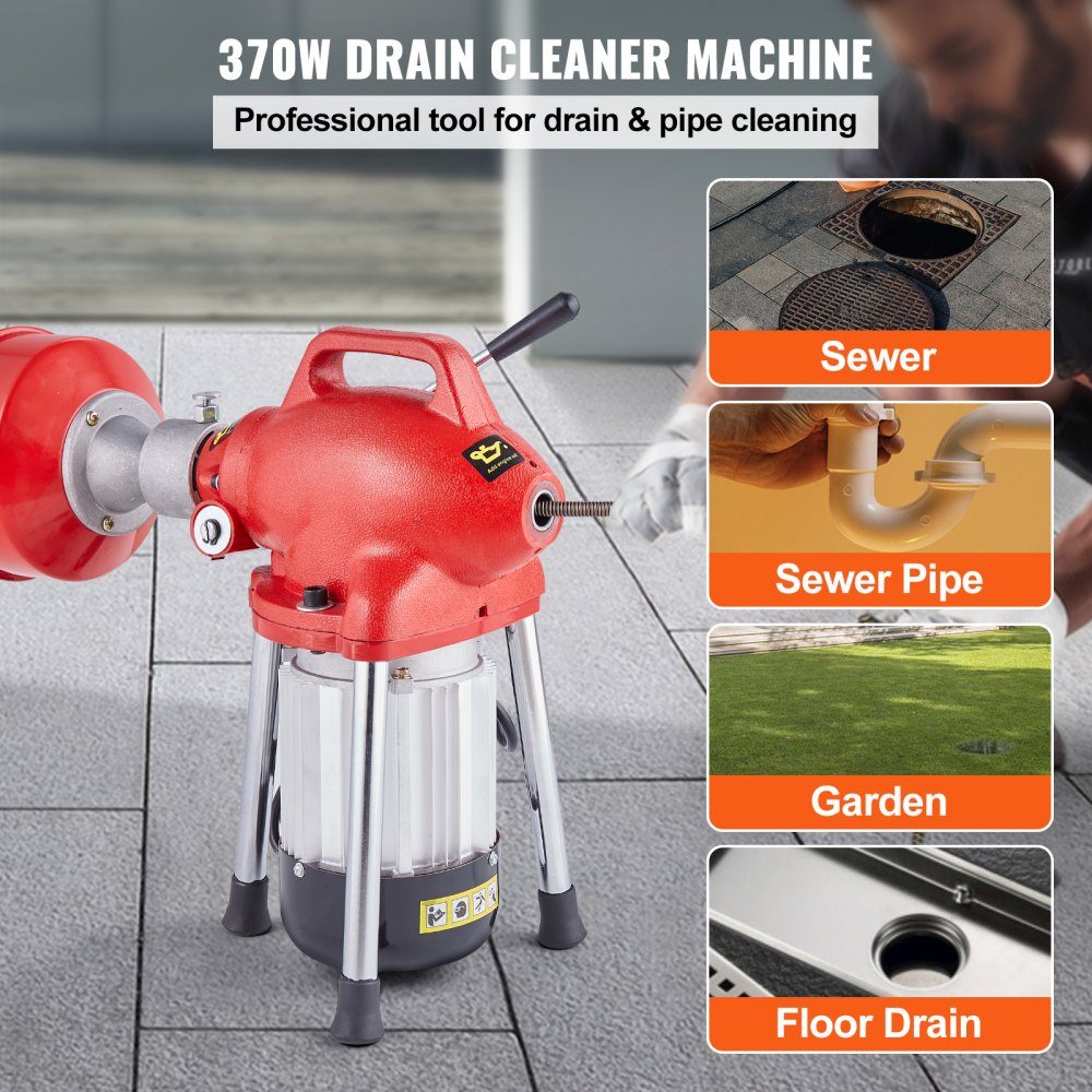 Pipe Cleaning Machine 120' x 5/8'', 370W Electric Pipe Cleaning Cable with Manual Feed - with 2 steel cable sections (120' x 5/8" and 23' x 3/8"), 7 cutters and CW/CCW control for 1.6" to 4" pipes