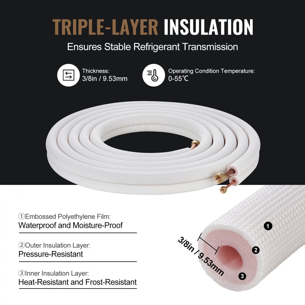 7620mm mini split line kit, 6.4 and 12.7mm OD, copper pipes and three-layer insulation, for air conditioning or heat pump equipment and HVAC with accessories 7620mm mini split line kit, 6.4 and 12.7mm OD, copper pipes and three-layer insulation, for air conditioning or heat pump equipment and HVAC with accessories