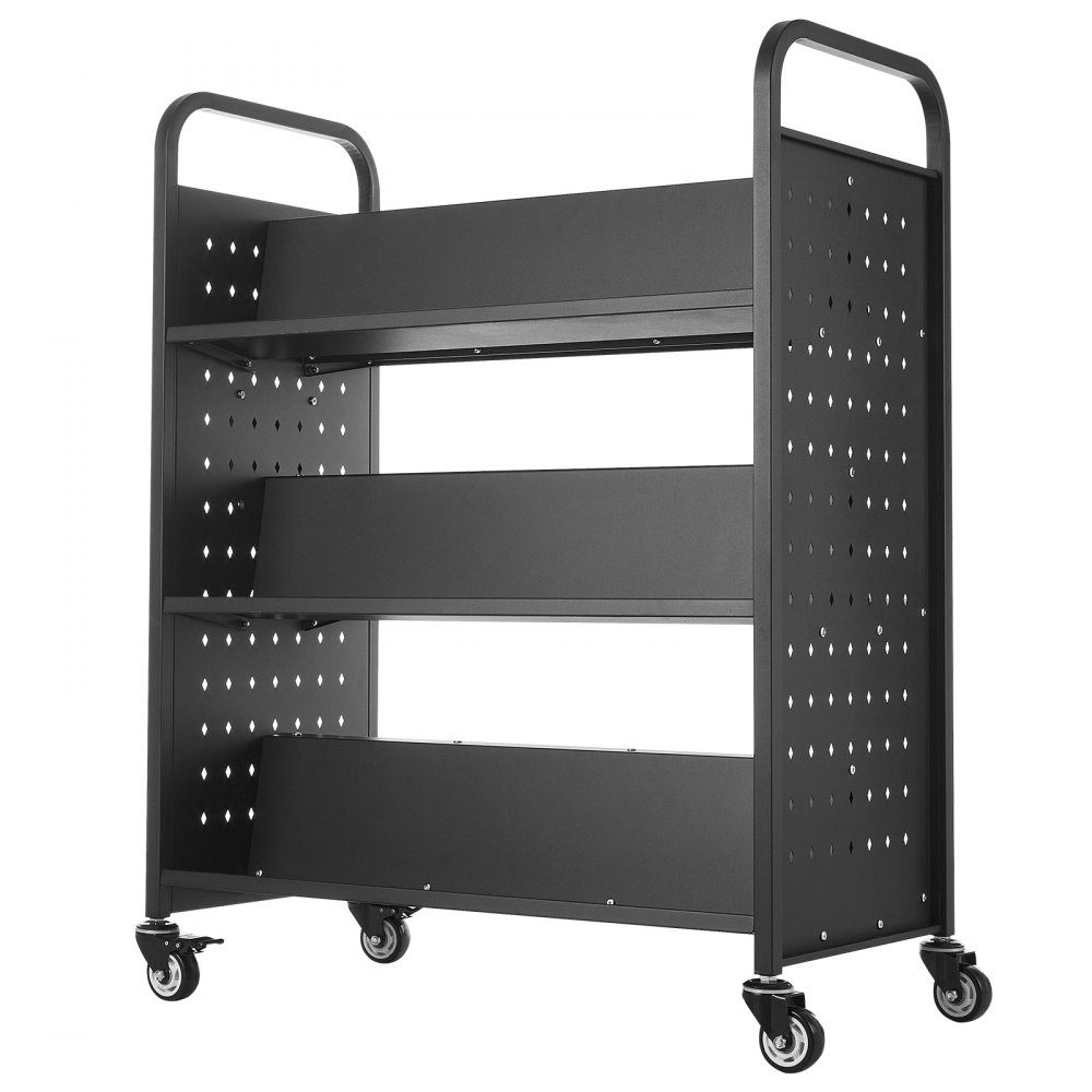 Bücherwagen, 159 kg Tragkraft, Bibliothekswagen, 970 x 515 x 1225 mm, doppelseitiges W-förmiges Bücherregal mit Doppelbremsrädern, Aufbewahrungswagen für Wohnzimmer, Büro, Schule, Schwarz