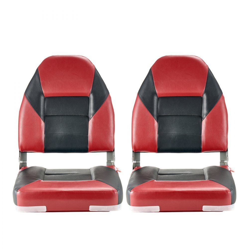 2pcs High Back Boat Seat Folding Fishing Boat Seat with Thick Sponge Cushion and Waterproof PVC Leather Aluminum Alloy Hinges Black and Red
