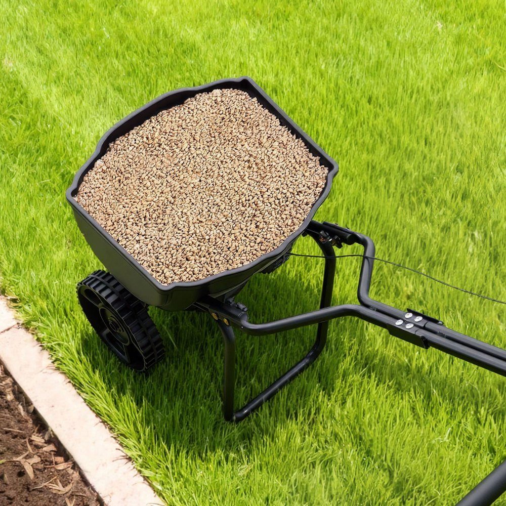 Spreader 6.8 kg capacity, fertilizer spreader 3 m spreading width, centrifugal spreader with 25.4 cm tires, adjustable spreading quantity, standard spreader for fertilizer and seeds in the home garden