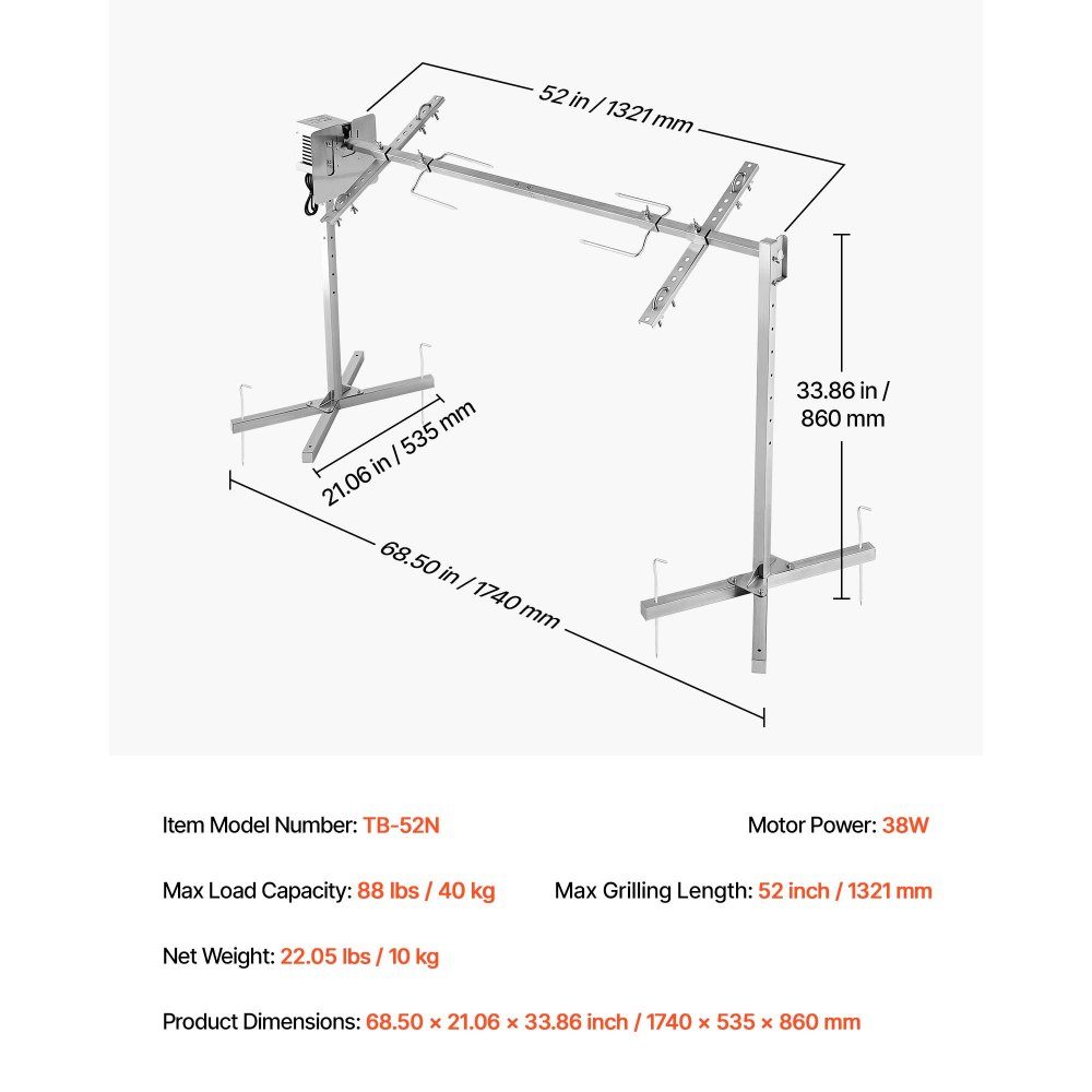 Gril de cochon de lait, gril d'agneau, gril à rôtir à la broche, gril de rôtissoire de 1321 mm, AC 220-240 V, ensemble de gril de rôtissoire électrique à 8 étages avec une capacité de charge de 40 kg, ensemble de gril à moteur de 38 W pour les fêtes