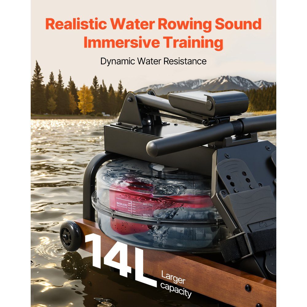 Rowing Machine 6 Level Quiet Resistance, Foldable Wooden Water Rowing Machine mit 14-l-Wassertank and LCD Monitor, Bluetooth App Compatible, 158kg Weight Capacity, Immersive Rowing Machine