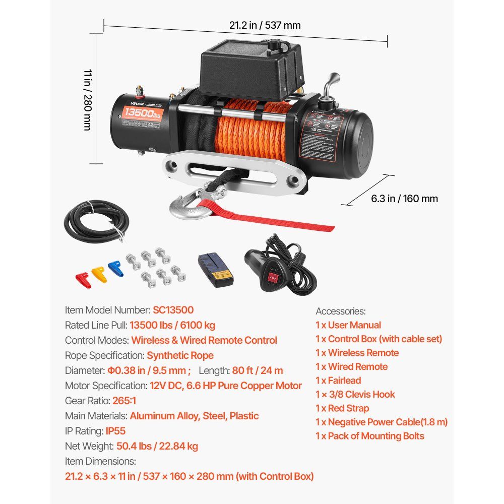 Elektrische Winde, 13.500 lb 12 V DC LKW-Winde mit Φ3/8 Zoll x 80 Fuß synthetischem Seil, Aluminiumseilführung, drahtloser und kabelgebundener Fernbedienung, IP55 wasserdicht zum Ziehen von SUVs, Jeeps, Anhängern und Booten