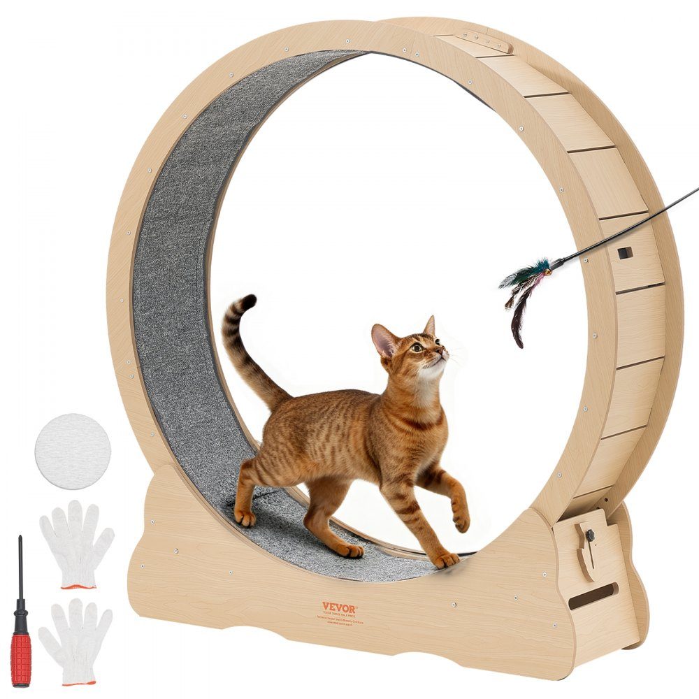 Roue d'exercice pour chat, diamètre intérieur 1080 mm, roue d'exercice en bois pour chats de 8,6 à 12,7 kg, avec surface de course en tapis et mécanisme de verrouillage, jouet silencieux pour chats d'intérieur