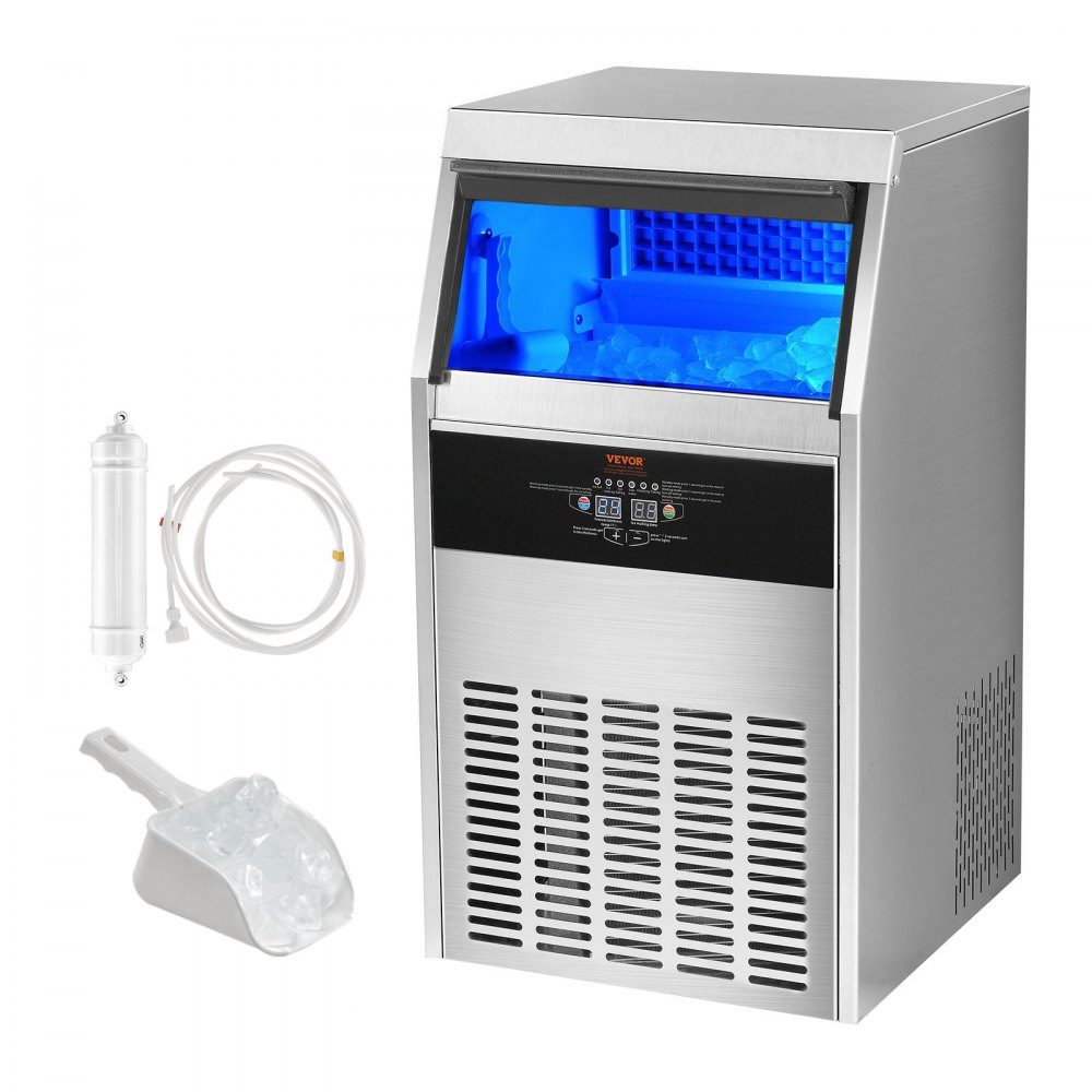 Commercial ice cube maker ice machine 47 kg / 24 h, lightweight cube ice machine 15 kg ice storage capacity 50 ice cubes, ice cube maker made of stainless steel including water filter & ice cream scoop