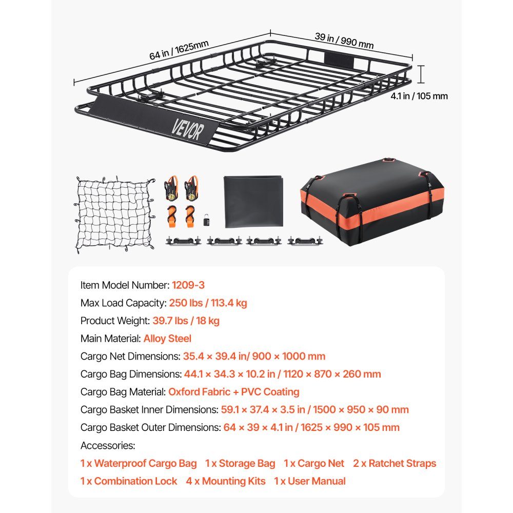 Imperiaalmand autodakmand (1625 x 990 x 105 mm) universele imperiaal met bagagetas & net & spanbanden (max. draagvermogen 113,4 kg), auto-imperiaal voor SUV-vrachtwagens