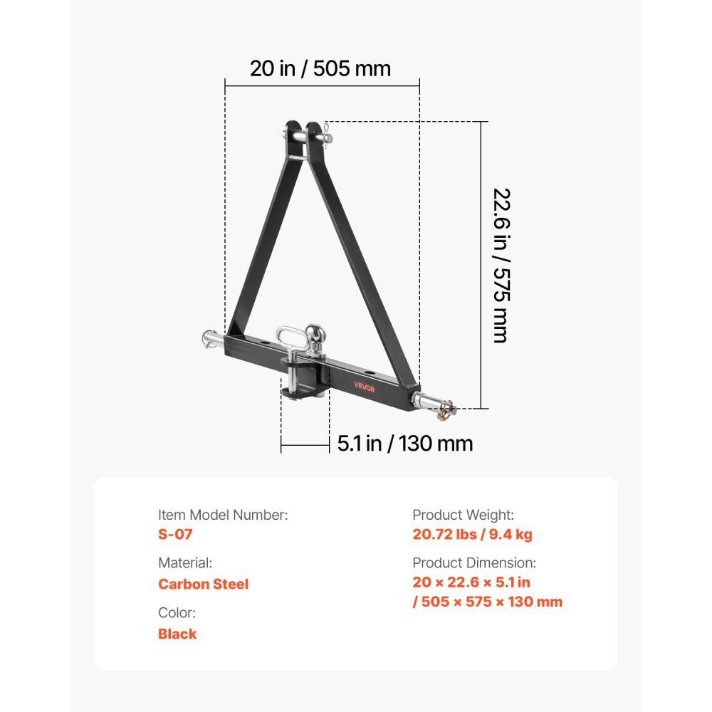 3 Point Tow Hitch with 1-7/8" Receiver 3 Point Mount 2721kg Tractor Tow Hitch Adapter Compatible with Kubota, Mahindra, John Deere, Massey Ferguson, 505x575x130mm – Part No. HT-22459