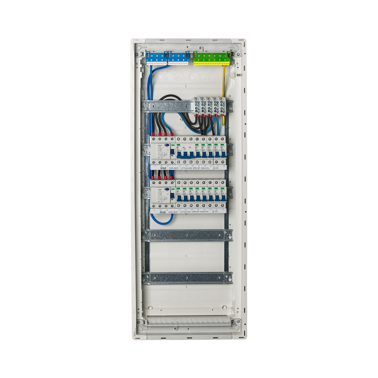 Meterkast, meterkast, verdeelkast, bouwplaatselektriciteit Hager onderverdeling, holle wand inbouw, bedraad Hager VU60NC
