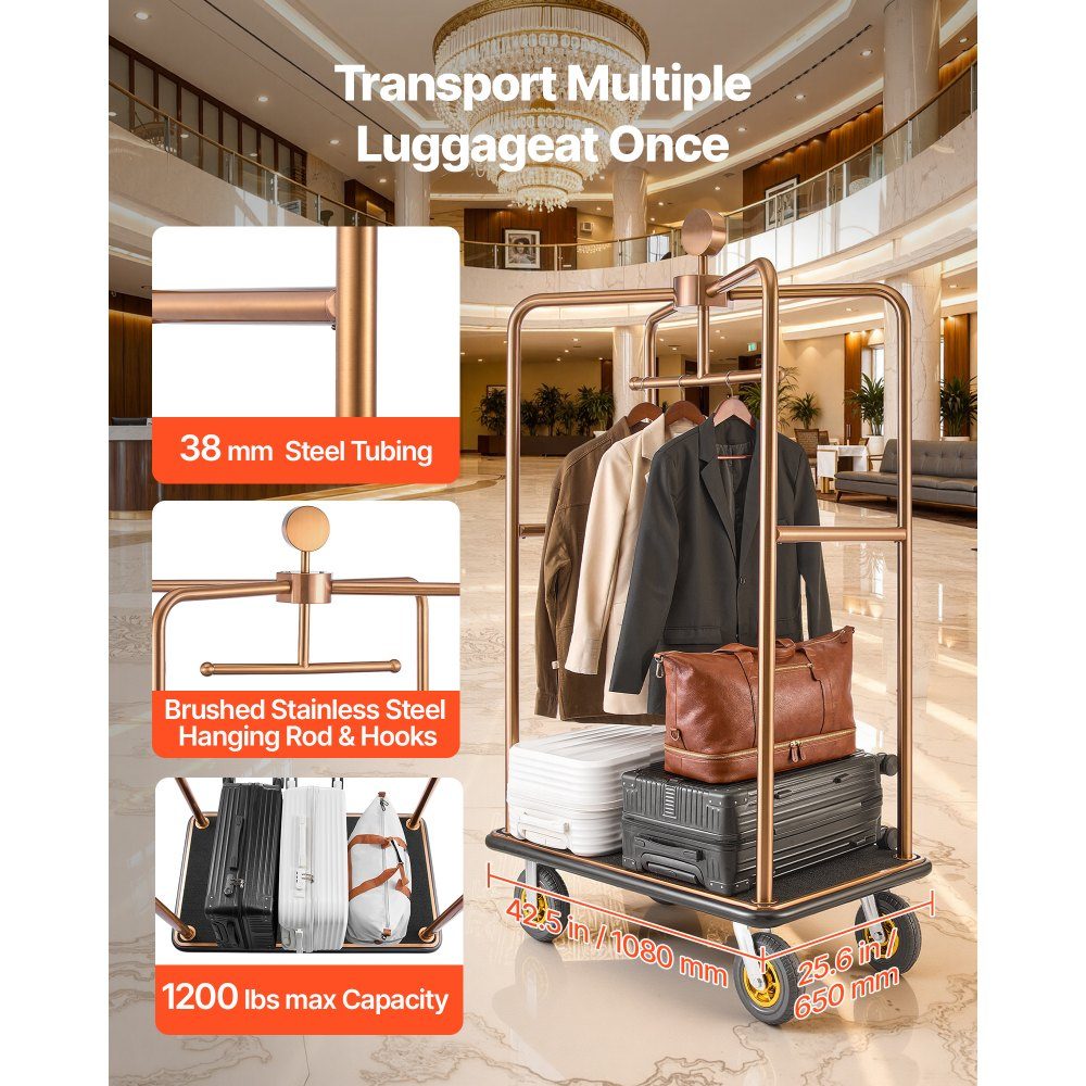 Chariot à bagages d'hôtel en acier inoxydable, chariot à bagages robuste de 1 000 livres avec roues en caoutchouc de 8", chariot d'hôtel avec tapis noir et porte-manteau, chariot à bagages pour hôtels et centres de villégiature, or rose – Réf. HT-23183