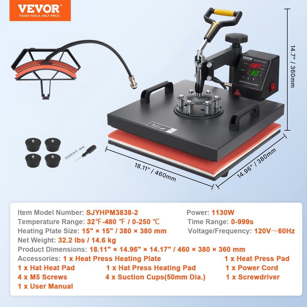 Transfer press 38 x 38 cm, transfer press 220 V, transfer press 1200 W, textile press 14 x 7.6 cm, shirt press max. 250 °C, sublimation press, hobby T-shirt press