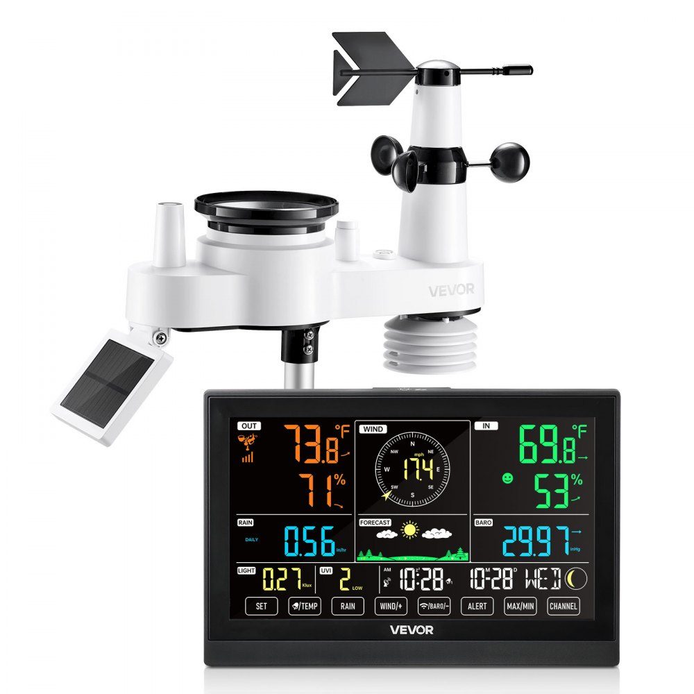 7 in 1 Wireless Weather Station, 7.5" Display, Solar Powered Outdoor Sensor, Rain Gauge, Weather Forecast, Temperature, Humidity Meter, Wind Speed ​​and Direction (No WiFi)