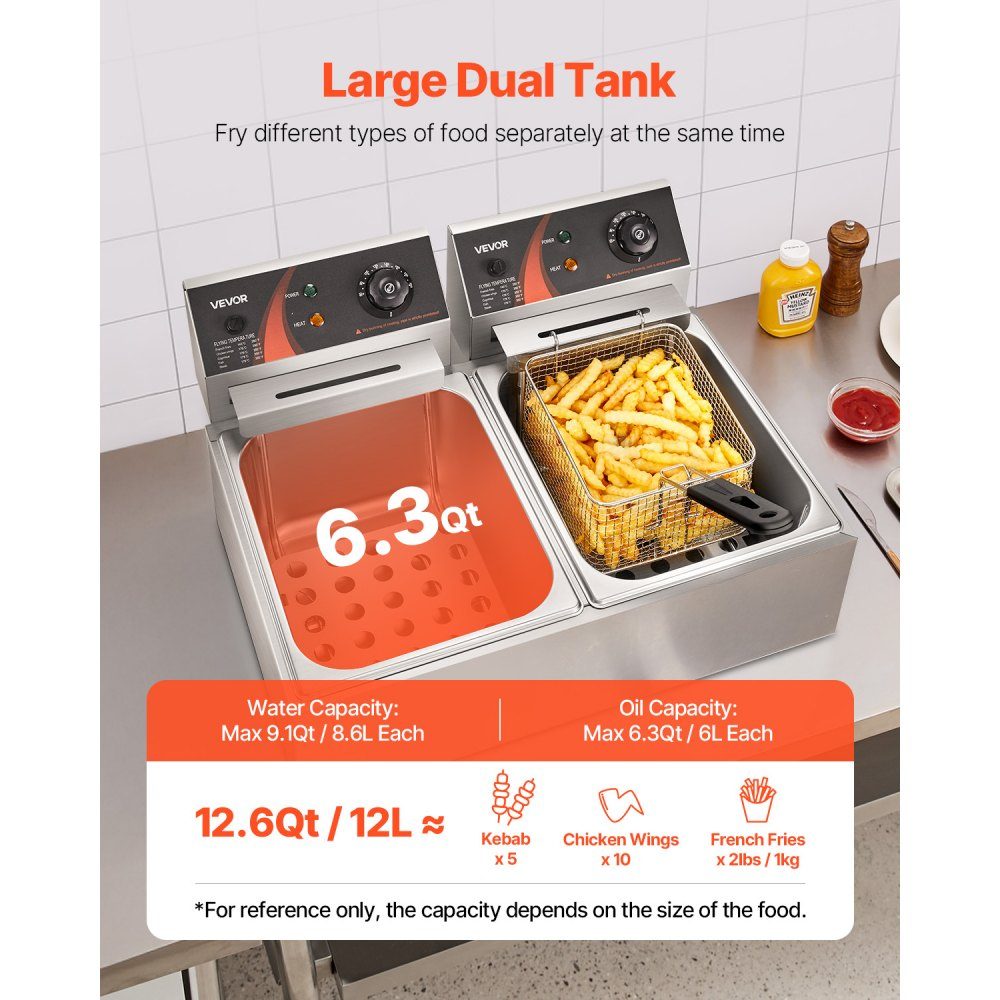 Elektrische Doppelfritteuse Edelstahl 12 L 5000 W, Gewerbefritteuse mit separat steuerbarem Frittierbecken für Restaurants, Cafés, Imbisse