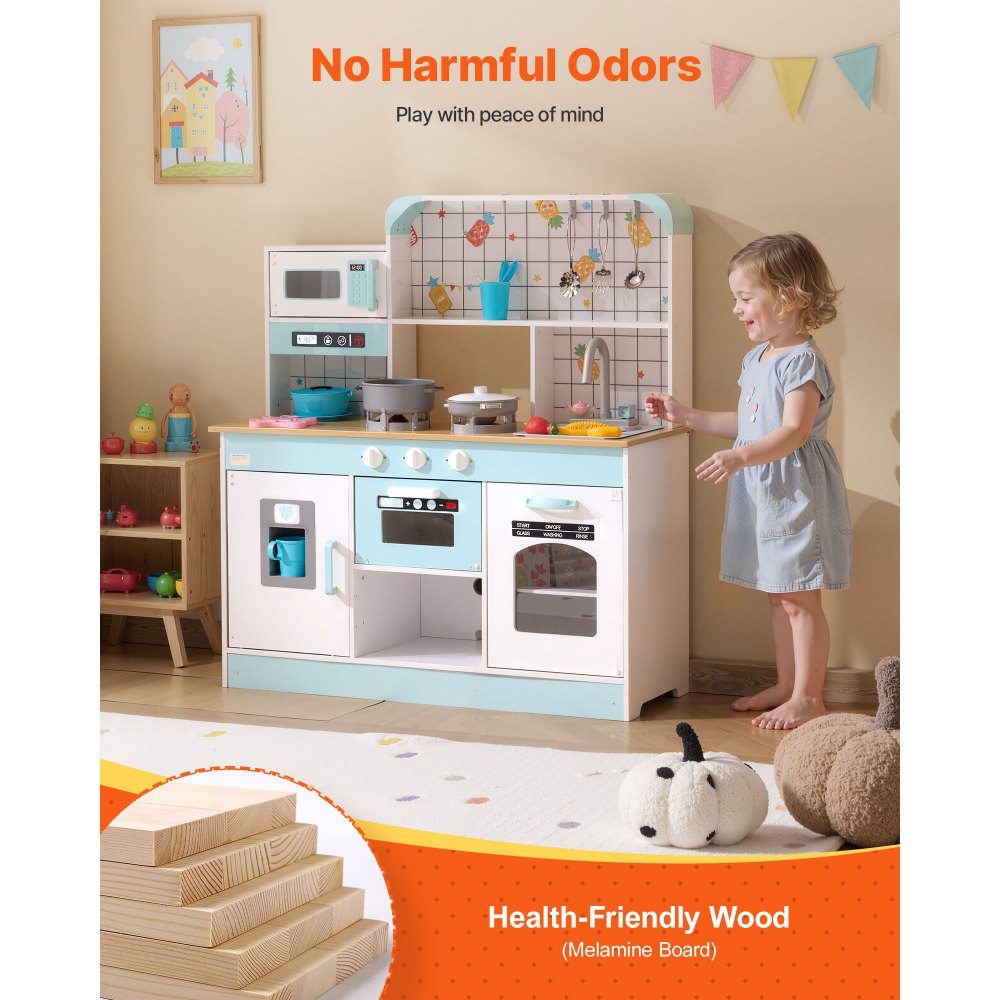 Play Kitchen for Kids, Wooden Toy Kitchen Set with Lights and Sounds, Toddler Kitchen with Ice Cream Maker, Oven, Sink, Microwave, Refrigerator and Utensils and Fruit Accessories for Toddlers Ages 3-8, White