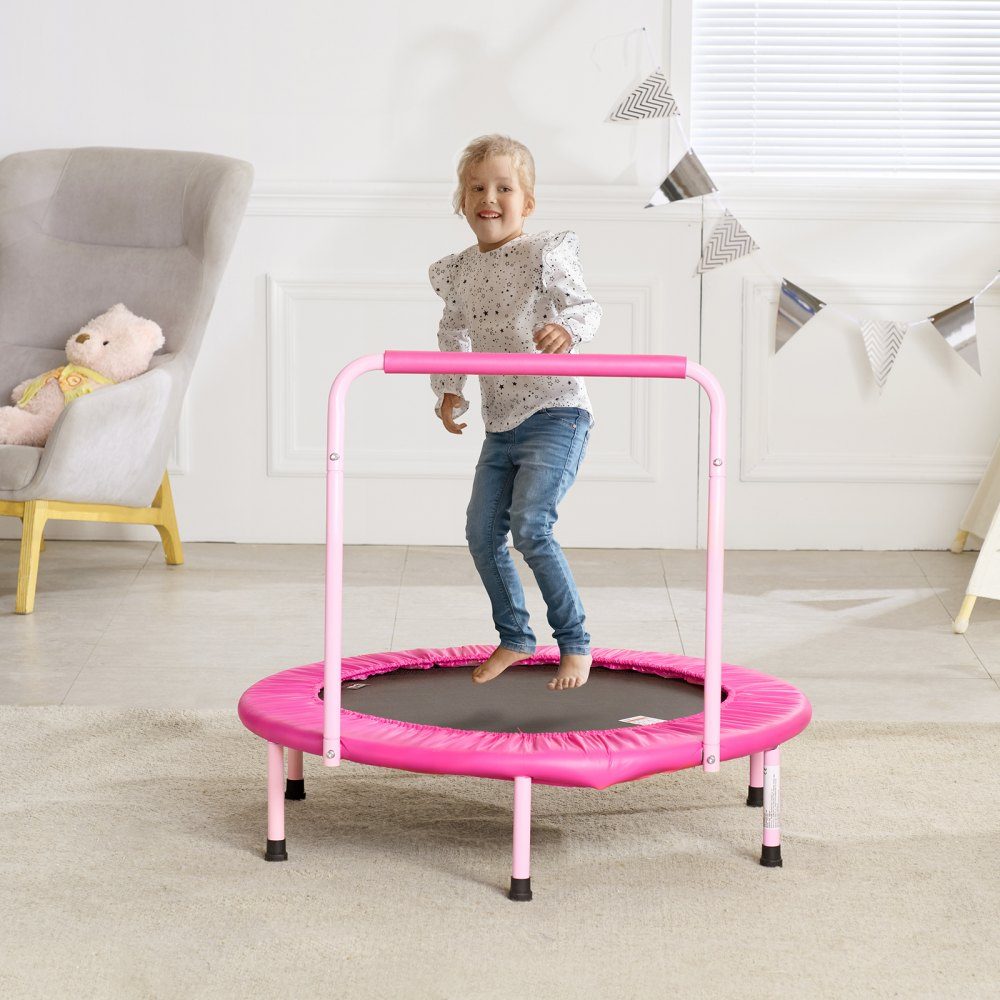 Trampolina dla dzieci, trampolina zewnętrzna, składana trampolina 36 cali z uchwytem, ​​trampolina do odbijania, trampolina ogrodowa dla małych dzieci, prezent urodzinowy dla dzieci w wieku 3 lat i starszych, nośność 100 kg, różowy